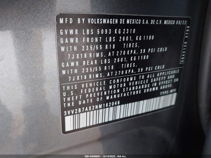 2022 Volkswagen Tiguan 2.0T Se VIN: 3VV2B7AX2NM162046 Lot: 43856001