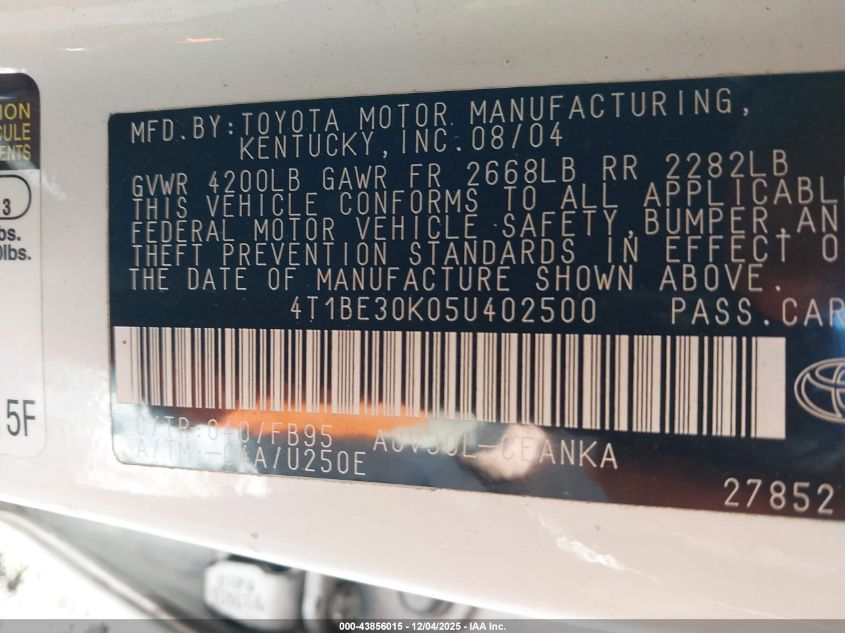 2005 Toyota Camry Le VIN: 4T1BE30K05U402500 Lot: 43856015