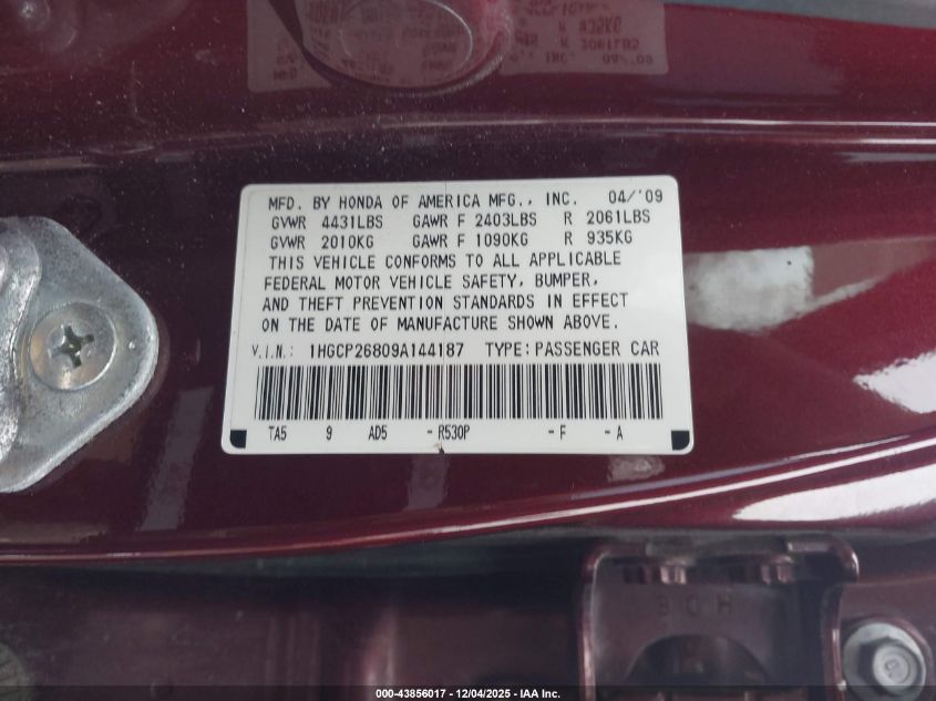 2009 Honda Accord 2.4 Ex-L VIN: 1HGCP26809A144187 Lot: 43856017