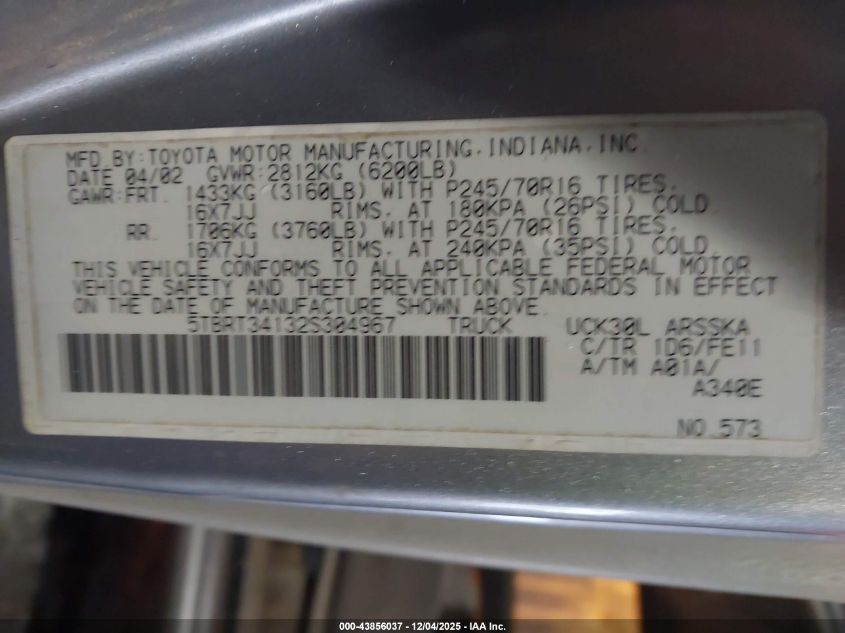 2002 Toyota Tundra Sr5 V8 VIN: 5TBRT34132S304967 Lot: 43856037