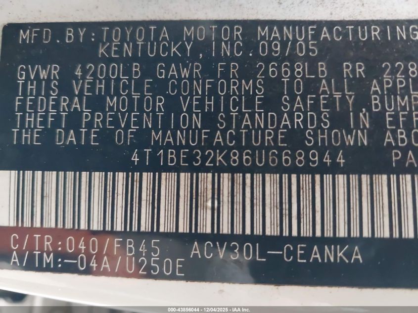 2006 Toyota Camry Le VIN: 4T1BE32K86U668944 Lot: 43856044