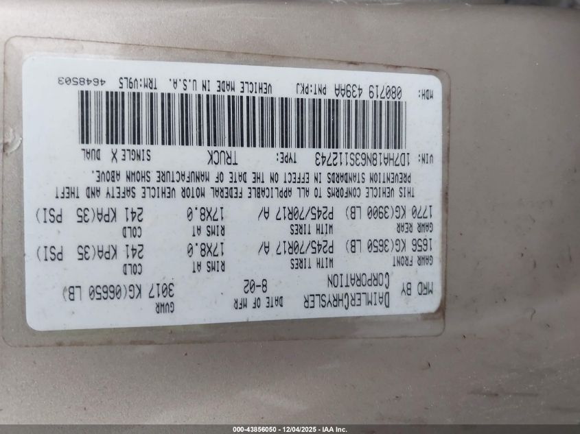 2003 Dodge Ram 1500 Slt/Laramie/St VIN: 1D7HA18N63S112743 Lot: 43856050