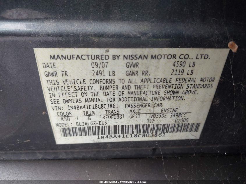 2008 Nissan Maxima 3.5 Sl VIN: 1N4BA41E18C803861 Lot: 43856051