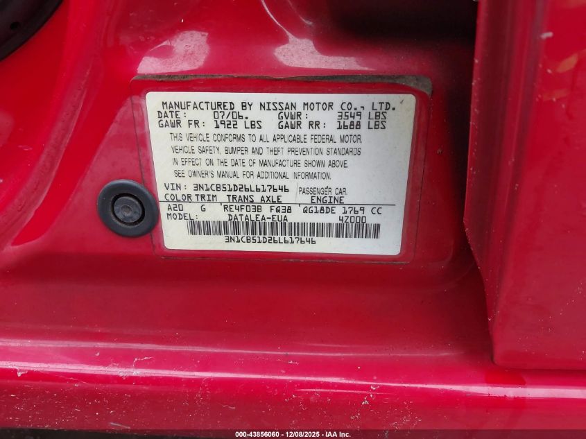 2006 Nissan Sentra 1.8S VIN: 3N1CB51D26L617646 Lot: 43856060