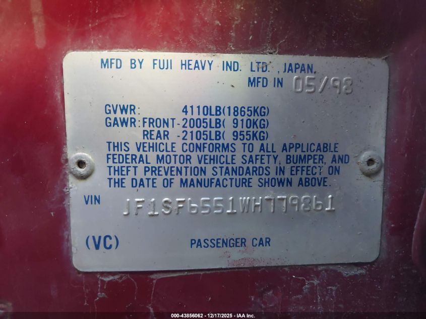 1998 Subaru Forester S VIN: JF1SF6551WH779861 Lot: 43856062