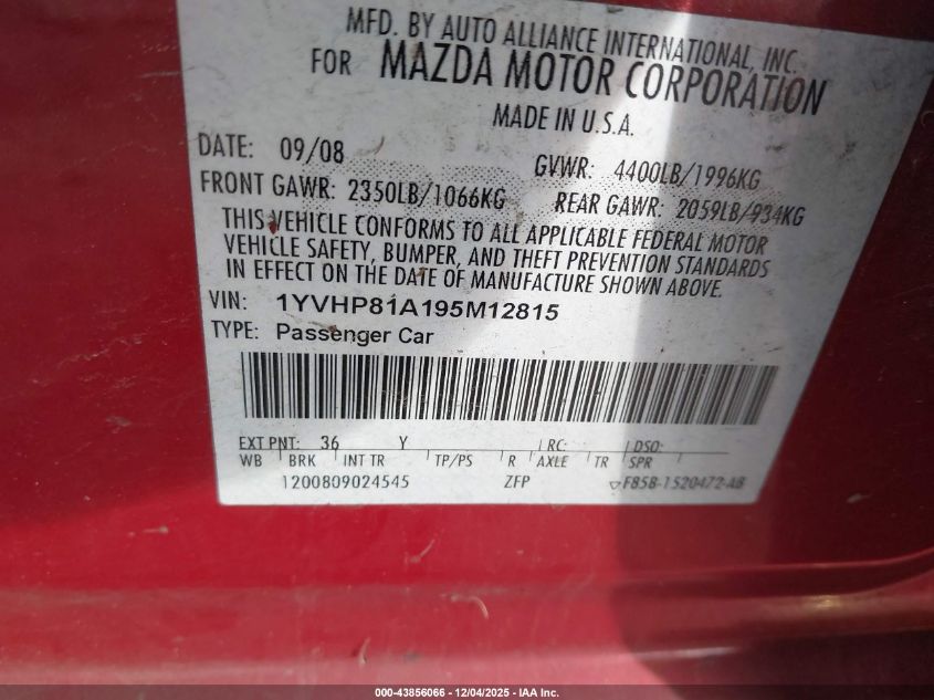 2009 Mazda Mazda6 I Sport VIN: 1YVHP81A195M12815 Lot: 43856066