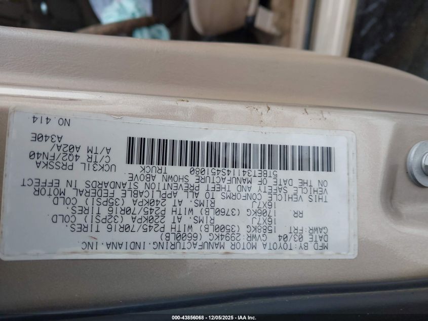 2004 Toyota Tundra Sr5 V8 VIN: 5TBET34114S451080 Lot: 43856068