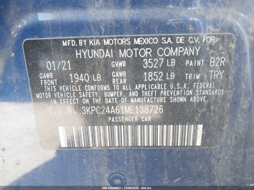 2021 Hyundai Accent Se VIN: 3KPC24A61ME138726 Lot: 43856067