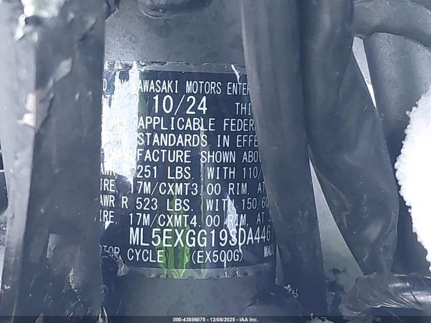2025 Kawasaki Ex500 VIN: ML5EXGG19SDA44614 Lot: 43856075