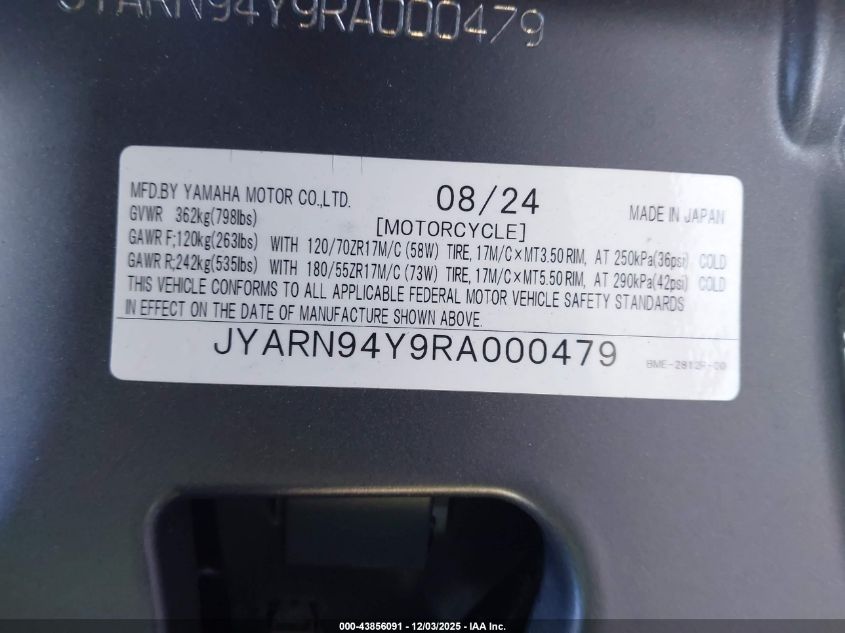 2024 Yamaha Mt09 C VIN: JYARN94Y9RA000479 Lot: 43856091