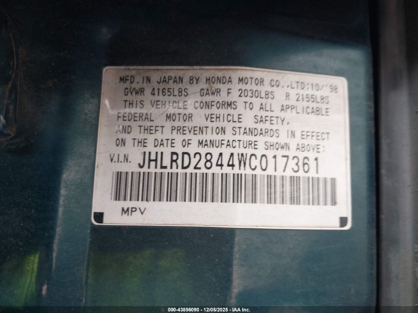 1998 Honda Cr-V Lx VIN: JHLRD2844WC017361 Lot: 43856090