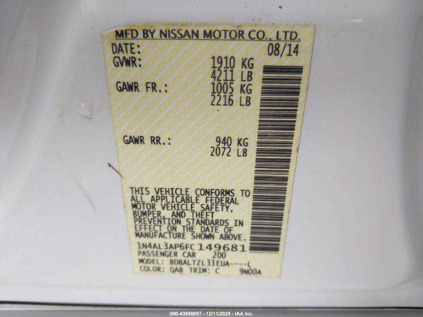 2015 Nissan Altima 2.5 Sl VIN: 1N4AL3AP6FC149681 Lot: 43856097