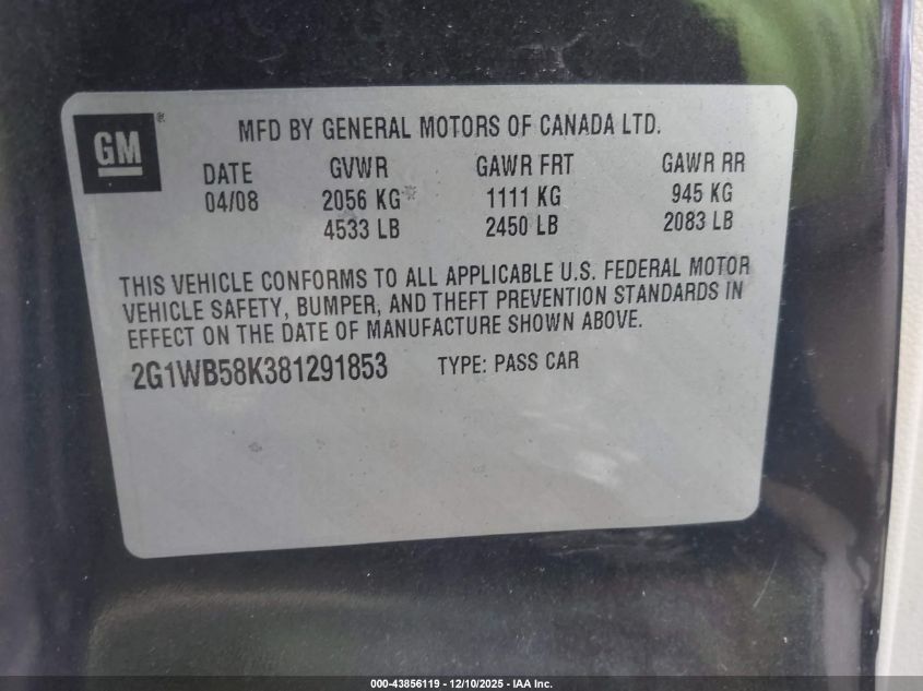 2008 Chevrolet Impala Ls VIN: 2G1WB58K381291853 Lot: 43856119