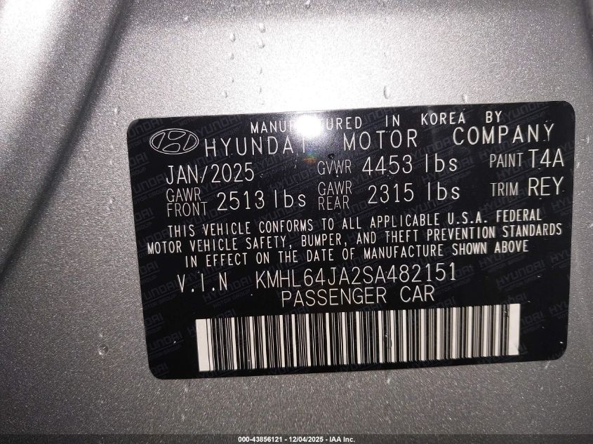 2025 Hyundai Sonata Sel VIN: KMHL64JA2SA482151 Lot: 43856121