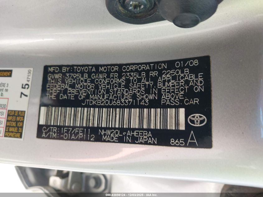 2008 Toyota Prius VIN: JTDKB20U683371143 Lot: 43856124