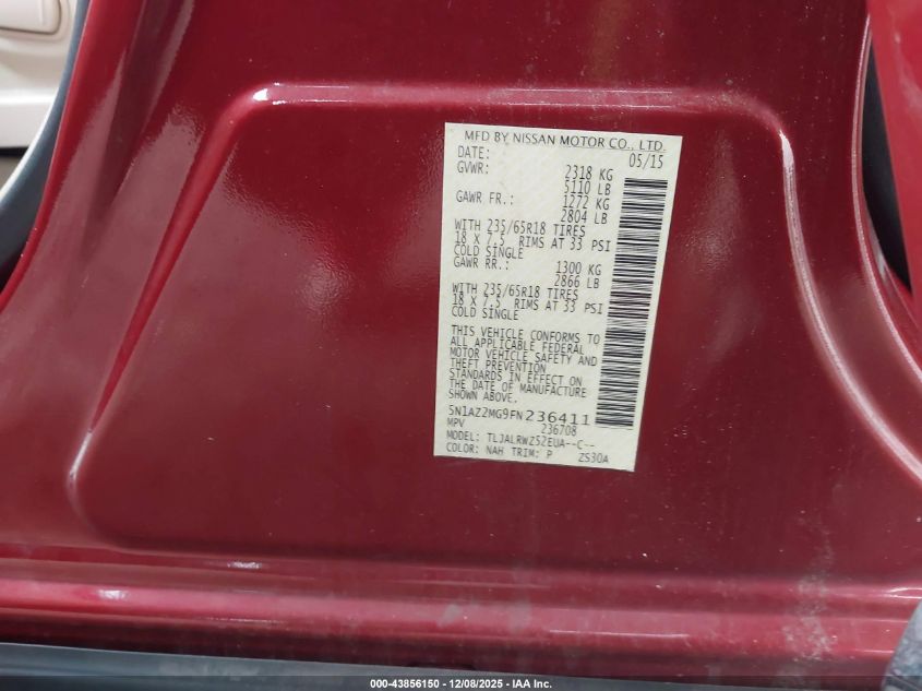 2015 Nissan Murano Sl VIN: 5N1AZ2MG9FN236411 Lot: 43856150