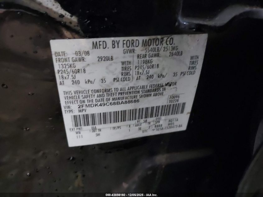 2008 Ford Edge Limited VIN: 2FMDK49C68BA88686 Lot: 43856160