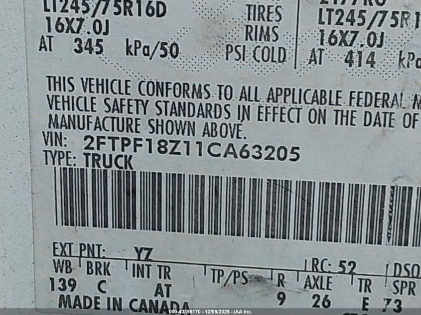 2001 Ford F-150 Xl/Xlt VIN: 2FTPF18Z11CA63205 Lot: 43856170