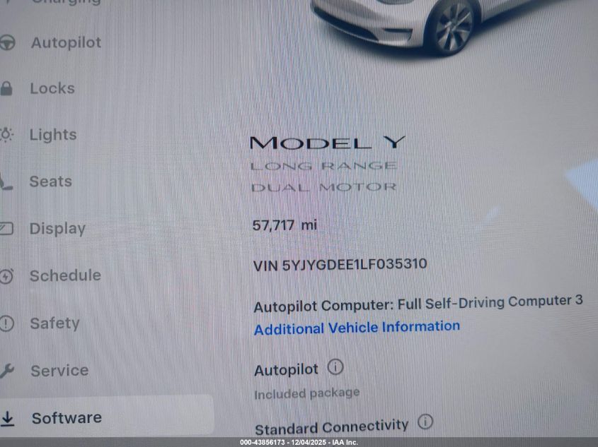 2020 Tesla Model Y Long Range Dual Motor All-Wheel Drive VIN: 5YJYGDEE1LF035310 Lot: 43856173