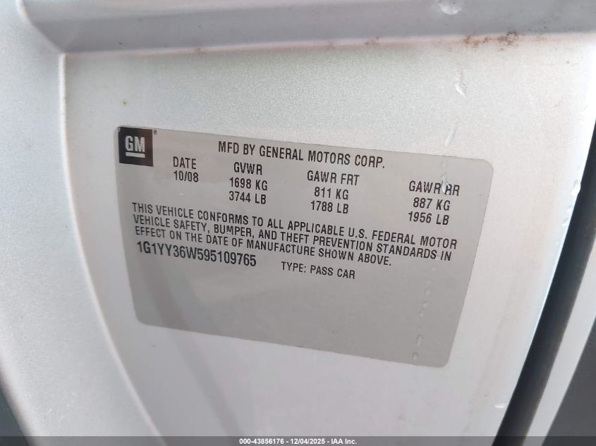 2009 Chevrolet Corvette VIN: 1G1YY36W595109765 Lot: 43856176