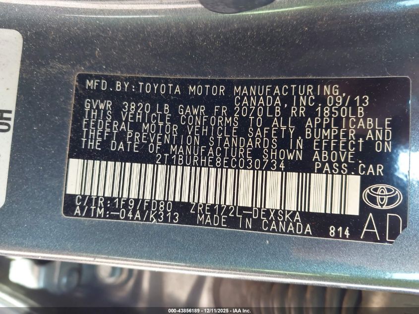 2014 Toyota Corolla S Plus VIN: 2T1BURHE8EC030734 Lot: 43856189