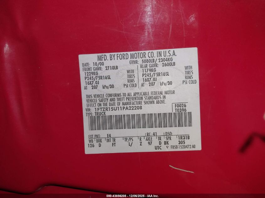 2001 Ford Ranger Edge/Xlt VIN: 1FTZR15U11PA22208 Lot: 43856208