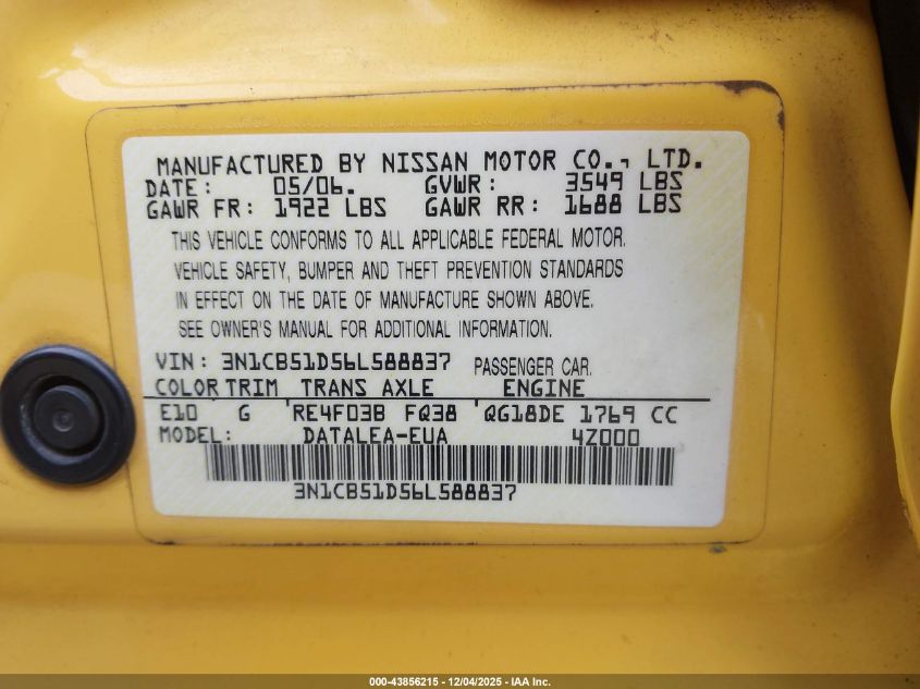 2006 Nissan Sentra 1.8S VIN: 3N1CB51D56L588837 Lot: 43856215