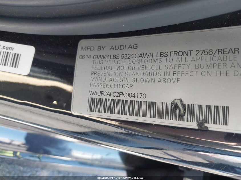 2015 Audi A6 3.0T Premium Plus VIN: WAUFGAFC2FN004170 Lot: 43856217