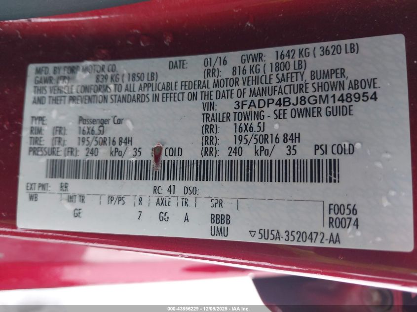 2016 Ford Fiesta Se VIN: 3FADP4BJ8GM148954 Lot: 43856229