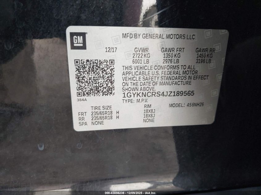 2018 Cadillac Xt5 Luxury VIN: 1GYKNCRS4JZ189565 Lot: 43856236