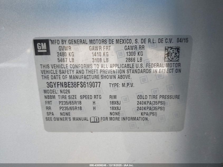 2015 Cadillac Srx Luxury Collection VIN: 3GYFNBE38FS619077 Lot: 43856246