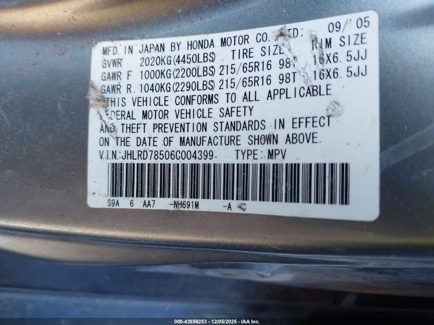 2006 Honda Cr-V Lx VIN: JHLRD78506C004399 Lot: 43856253