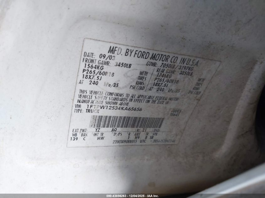 2004 Ford F-150 Lariat/Xlt VIN: 1FTPW12534KA65656 Lot: 43856263