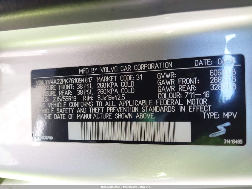 2016 Volvo Xc90 T6 Momentum VIN: YV4A22PK7G1094817 Lot: 43856268