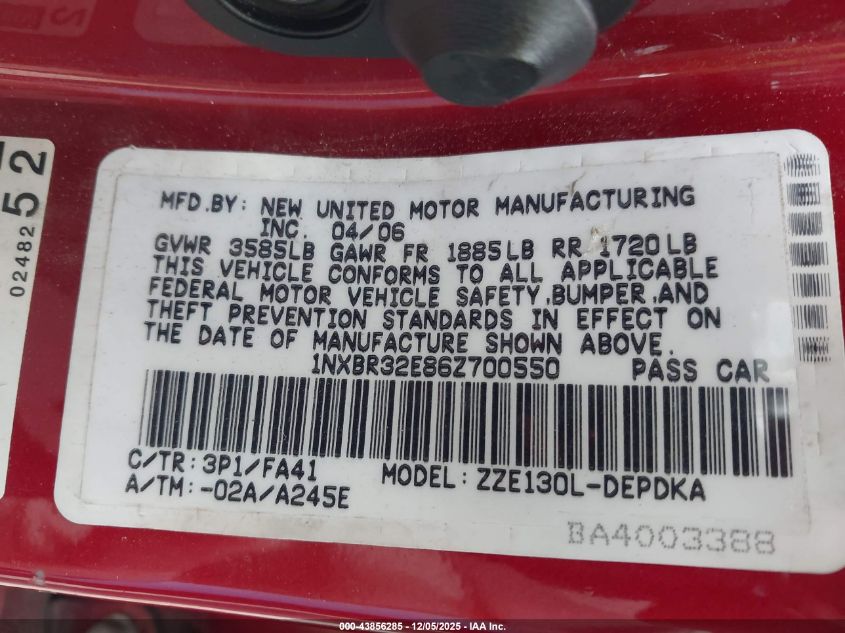 2006 Toyota Corolla Ce VIN: 1NXBR32E86Z700550 Lot: 43856285