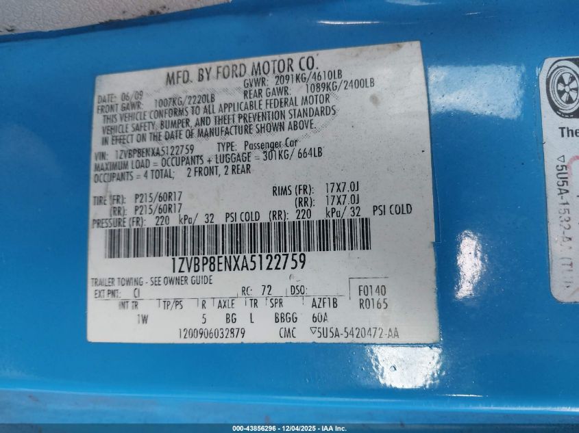 2010 Ford Mustang V6/V6 Premium VIN: 1ZVBP8EN5A5174221 Lot: 43856296