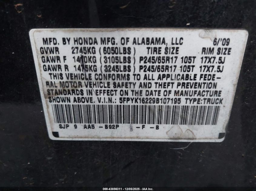 2009 Honda Ridgeline Rt VIN: 5FPYK16229B107195 Lot: 43856311