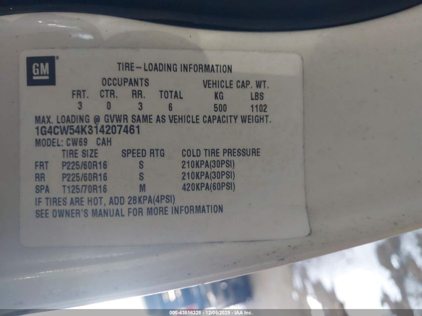 2001 Buick Park Avenue VIN: 1G4CW54K314207461 Lot: 43856328