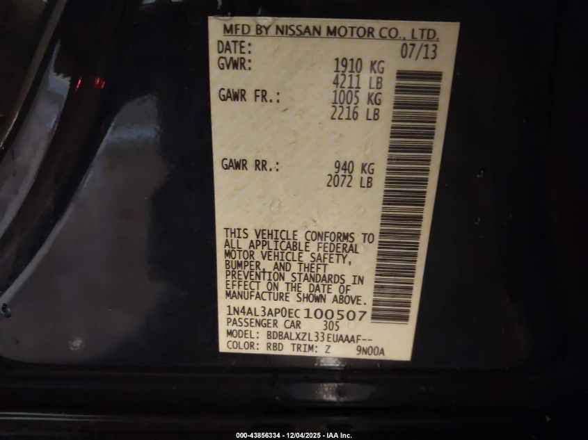 2014 Nissan Altima 2.5 Sl VIN: 1N4AL3AP0EC100507 Lot: 43856334