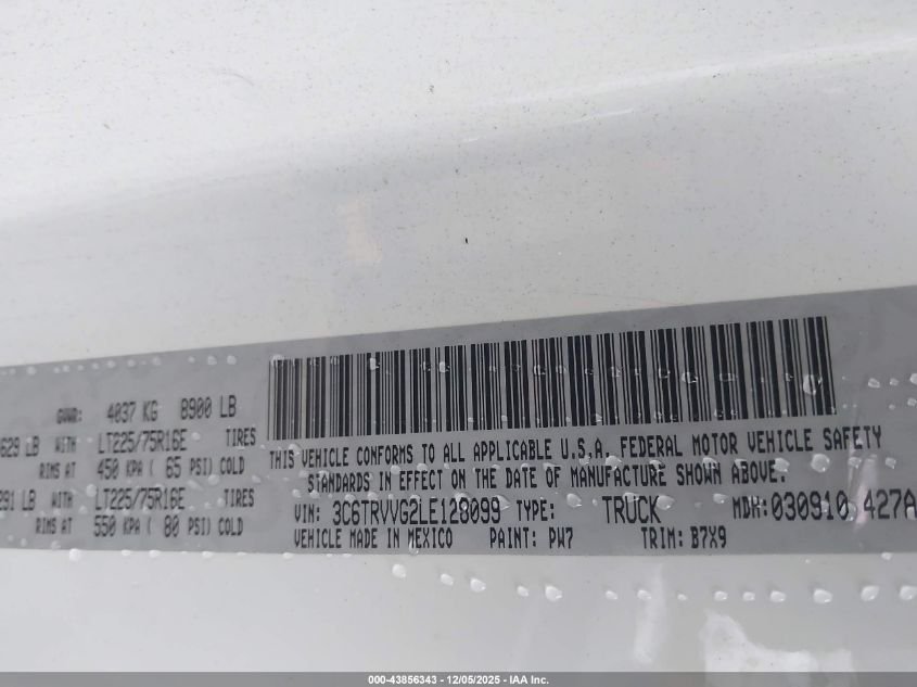 2020 Ram Promaster 2500 Low Roof 136 Wb VIN: 3C6TRVVG2LE128099 Lot: 43856343
