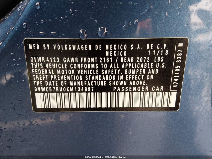 2019 Volkswagen Jetta 1.4T R-Line/1.4T S/1.4T Se VIN: 3VWC57BU0KM134897 Lot: 43856344