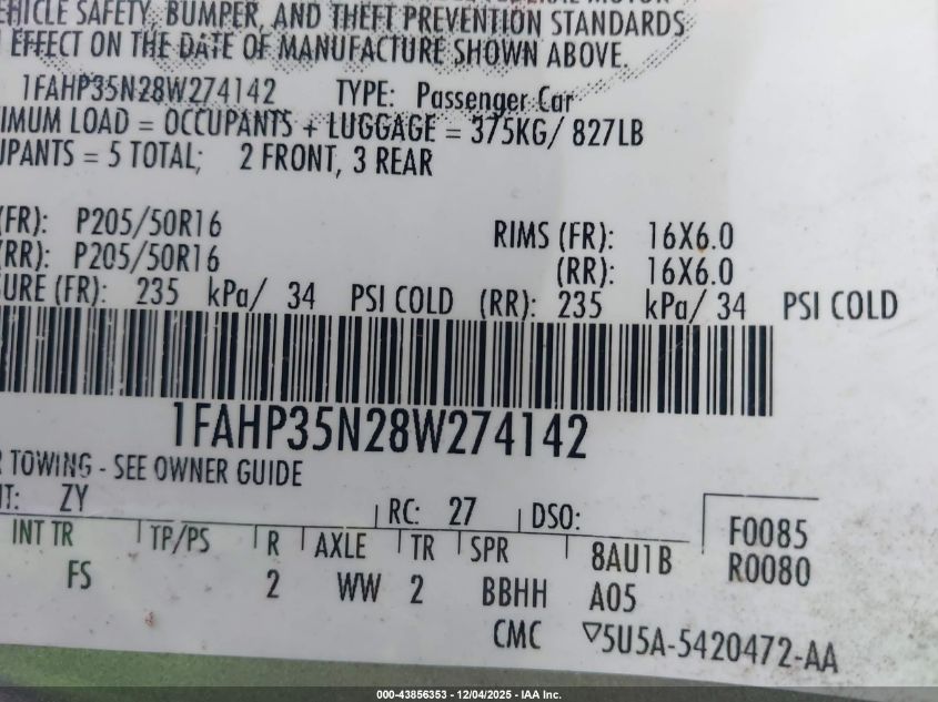 2008 Ford Focus Se/Ses VIN: 1FAHP35N28W274142 Lot: 43856353