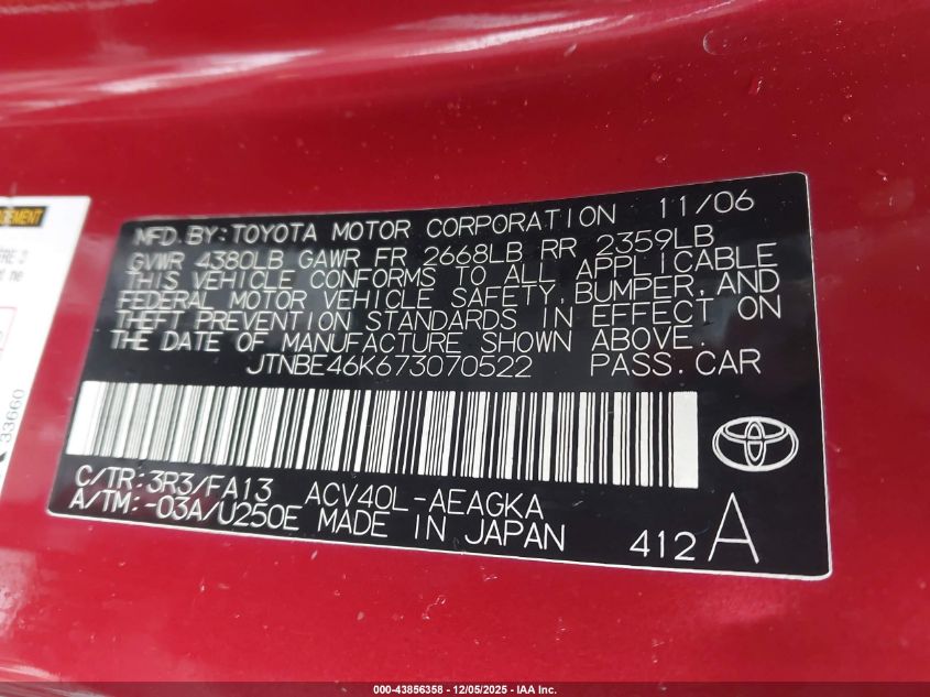 2007 Toyota Camry Xle VIN: JTNBE46K673070522 Lot: 43856358