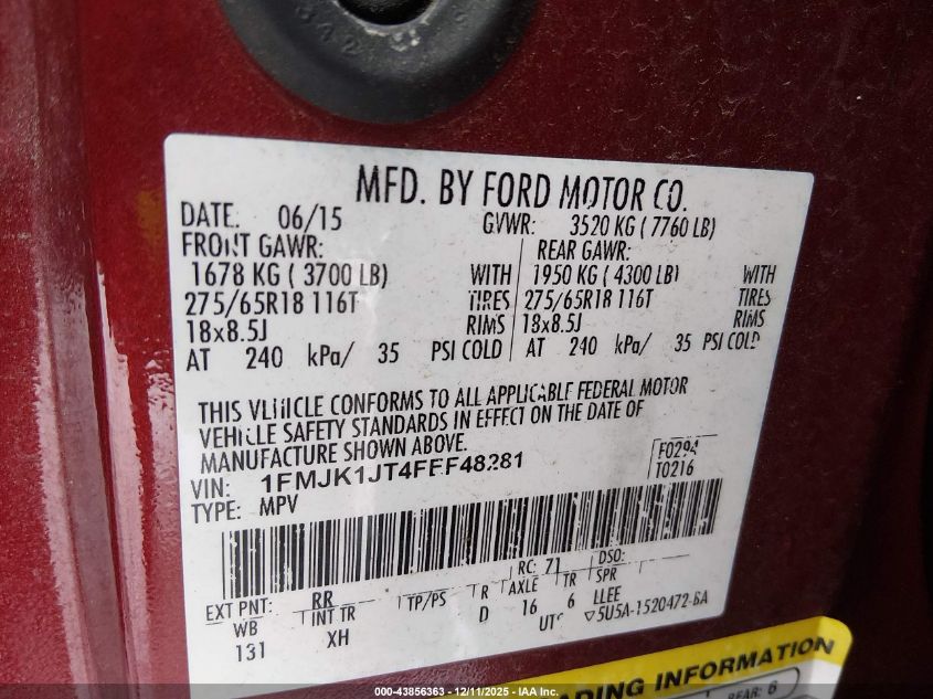 2015 Ford Expedition El Xlt VIN: 1FMJK1JT4FEF48281 Lot: 43856363