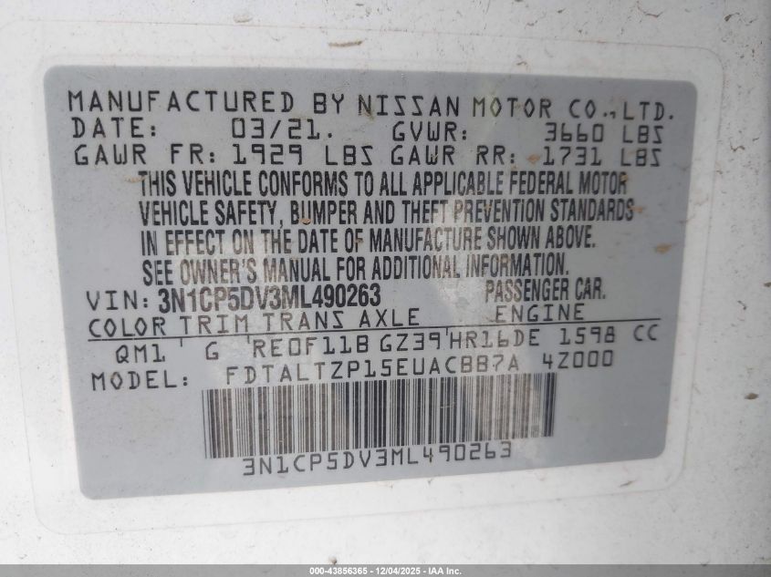 2021 Nissan Kicks Sr Xtronic Cvt VIN: 3N1CP5DV3ML490263 Lot: 43856365