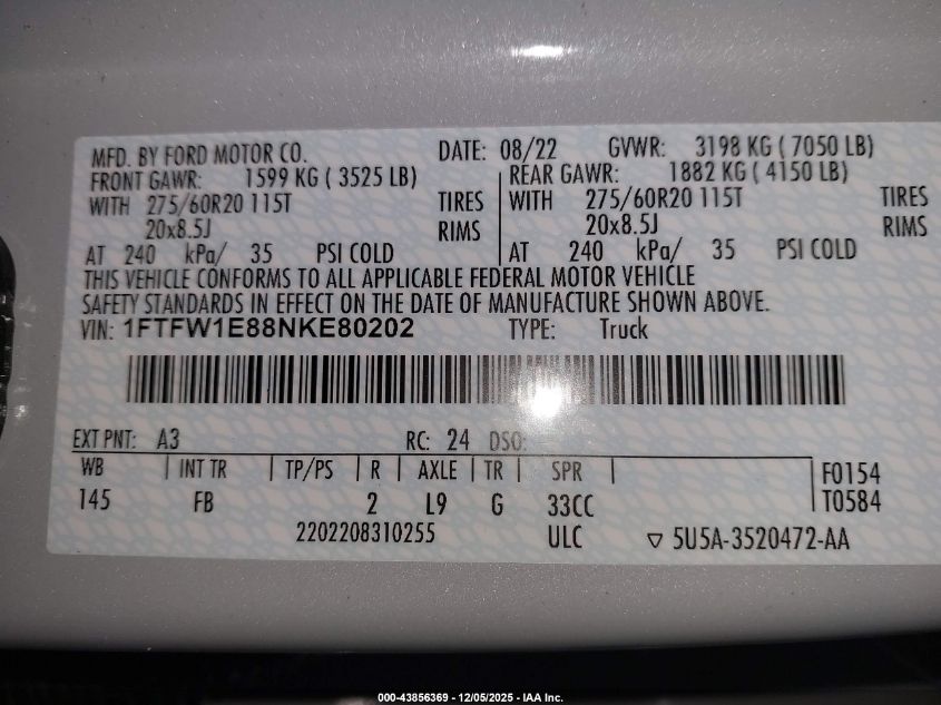 2022 Ford F-150 Xlt VIN: 1FTFW1E88NKE80202 Lot: 43856369