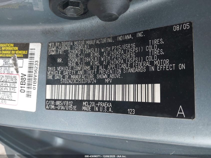 2005 Toyota Sienna Le VIN: 5TDZA23C25S379724 Lot: 43856371