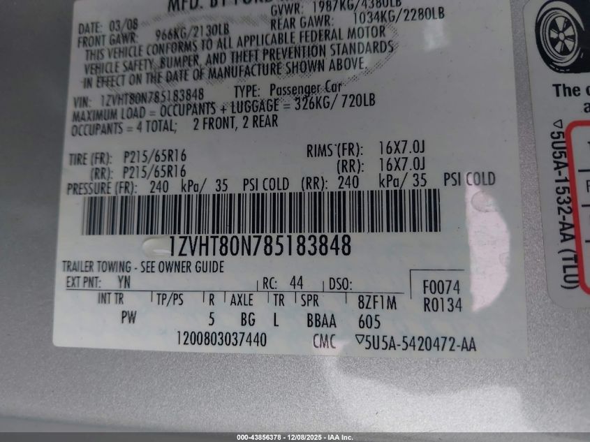 2008 Ford Mustang V6 Deluxe/V6 Premium VIN: 1ZVHT80N785183848 Lot: 43856378