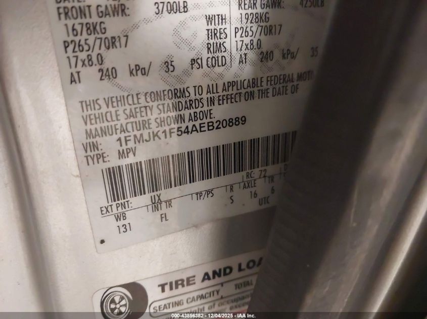 2010 Ford Expedition El Xlt VIN: 1FMJK1F54AEB20889 Lot: 43856382