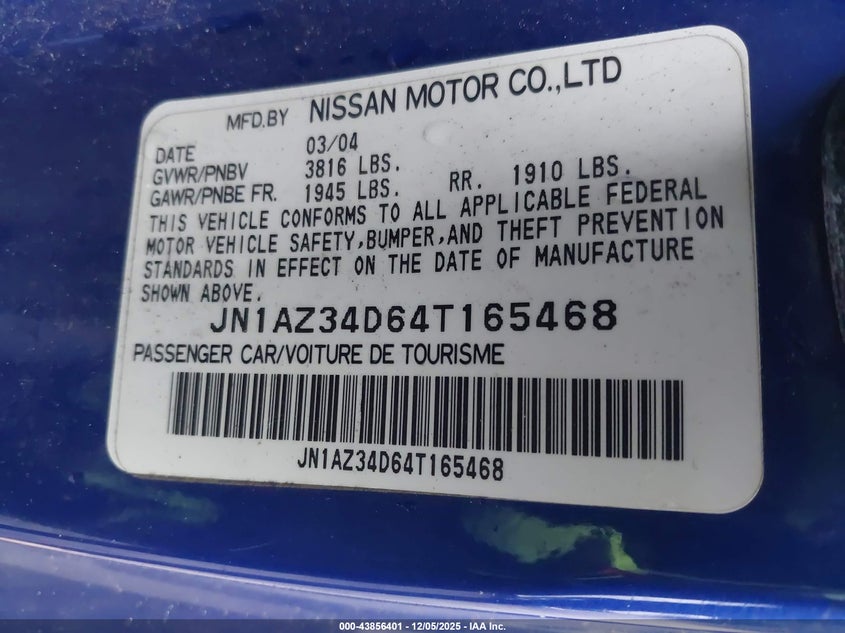 JN1AZ34D64T165468 2004 NISSAN 350Z photo no. 9